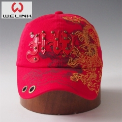 China Style Embroidery Red Rivet Baseball Cap Dad Hat