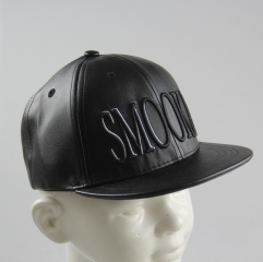 Customized 3D Embroidery 6 Panel Pu Leather Hip-hop Hat Black FLat Snapback Cap Hats