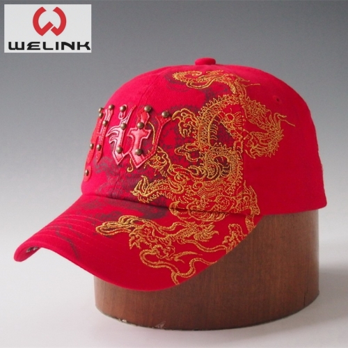 China Style Embroidery Red Rivet Baseball Cap Dad Hat