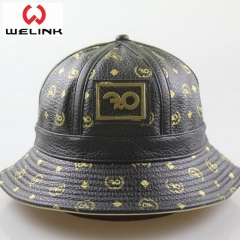 Multicolor Unisex PU Leather Short Brim Floppy Metal Patch Bucket Hat